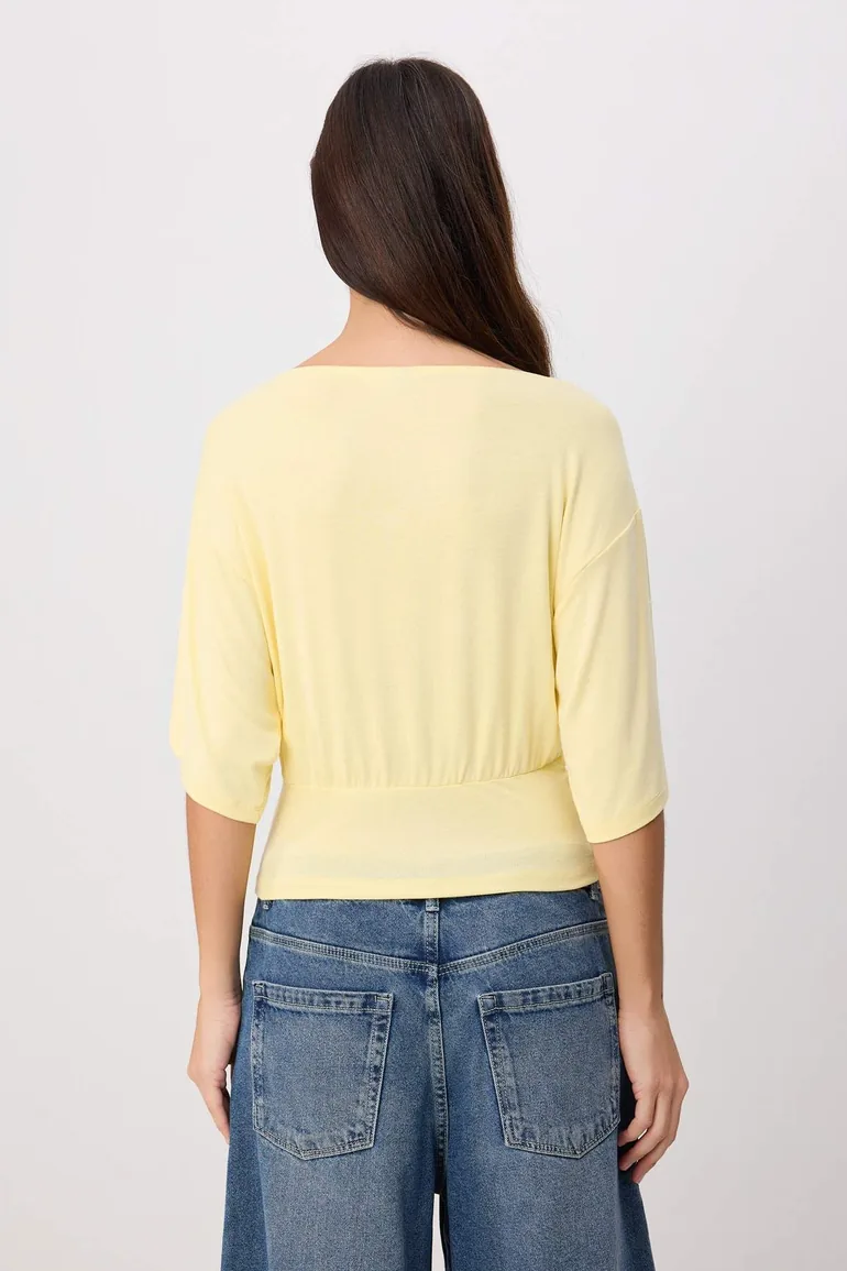 Yellow Plain Regular Fit Asymmetric Neck Premium Soft Knitted Blouse - 3