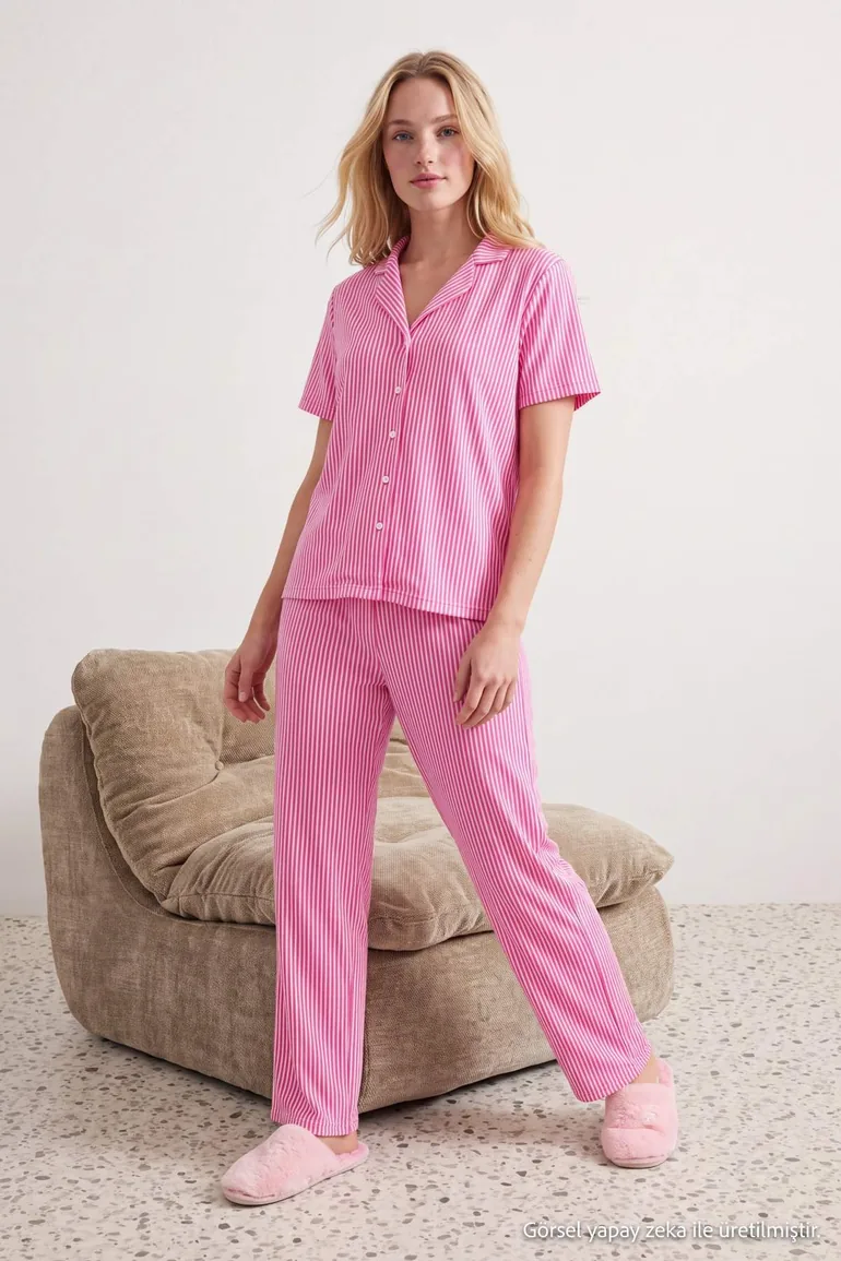 Pink 100% Cotton Striped Pajama Set - 1