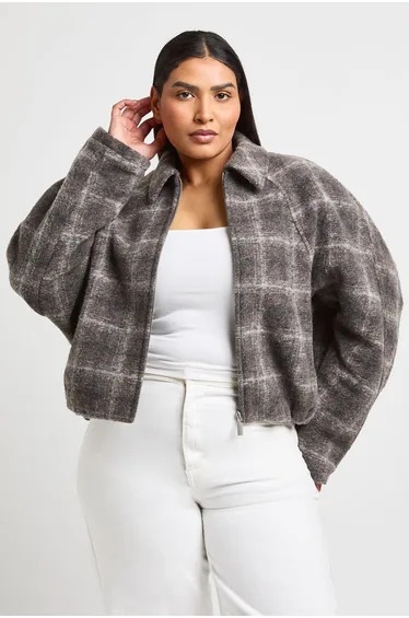 Plus Collared Wool Look Bomber Jacket - brown