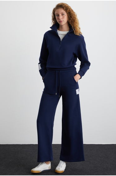 GRIMELANGE LAURY Women's Organic Cotton Soft Wide Leg Regular Fit Sweatpants with Tag Detail in Navy Blue
