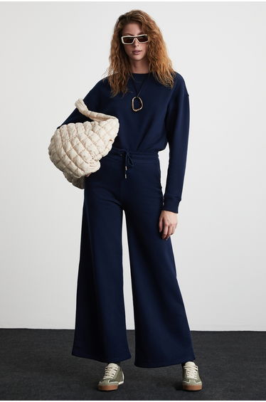 GRIMELANGE LAURY Women's Organic Cotton Soft Wide Leg Regular Fit Sweatpants with Tag Detail in Navy Blue product thumbnail 4