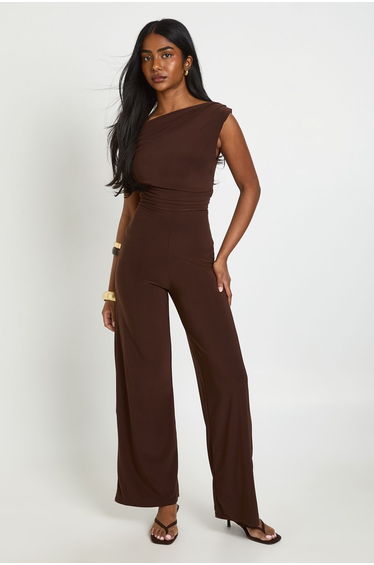 Ruched Asymmetric Wide Leg Jumpsuit - chocolate product thumbnail 3