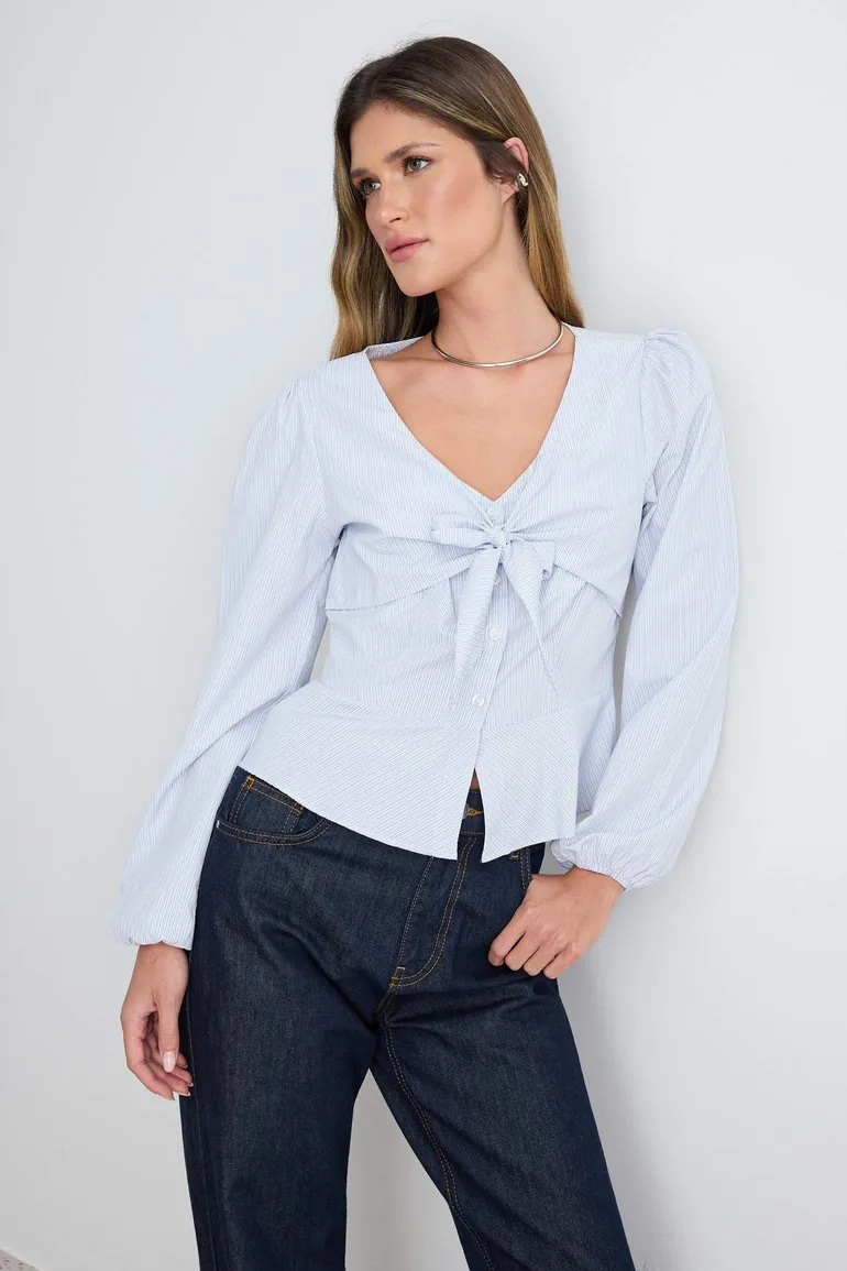 Blue Striped Woven Blouse with Tie Front Detail