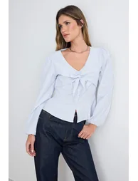 Blue Striped Woven Blouse with Tie Front Detail