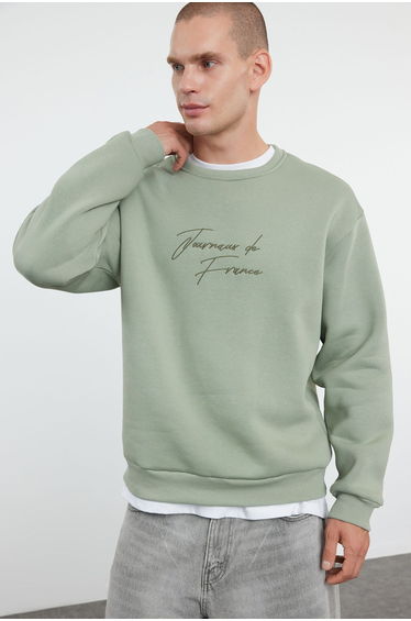Mint Oversize/Wide Cut Text Embroidered Crew Neck Sweatshirt