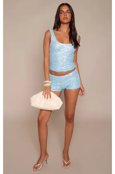 Baby Blue Sequin Hot Pant Co-ord