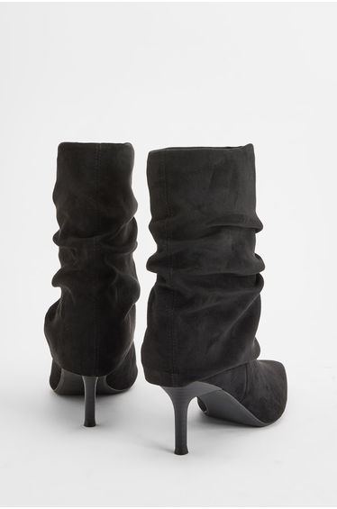Faux Suede Fold Over Slouchy Low Stiletto Ankle Boots - black product thumbnail 4