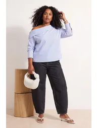 Blue Striped Asymmetric Collar Woven Blouse - 1