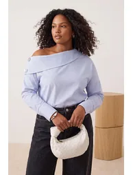 Blue Striped Asymmetric Collar Woven Blouse - 2