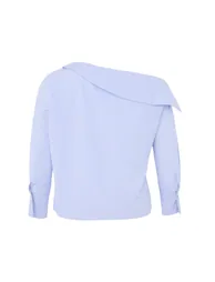 Blue Striped Asymmetric Collar Woven Blouse - 6