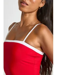 Tummy Control Contrast Square Neck Swimsuit - red - 2