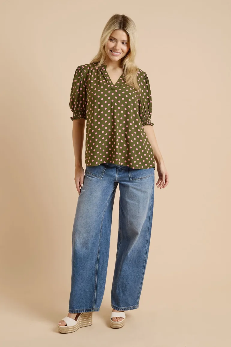 Green Spot Puff Sleeve Overhead Blouse - 1