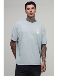 Tall Washed Charcoal Oversized Kyoto Print Distressed T-Shirt - charcoal