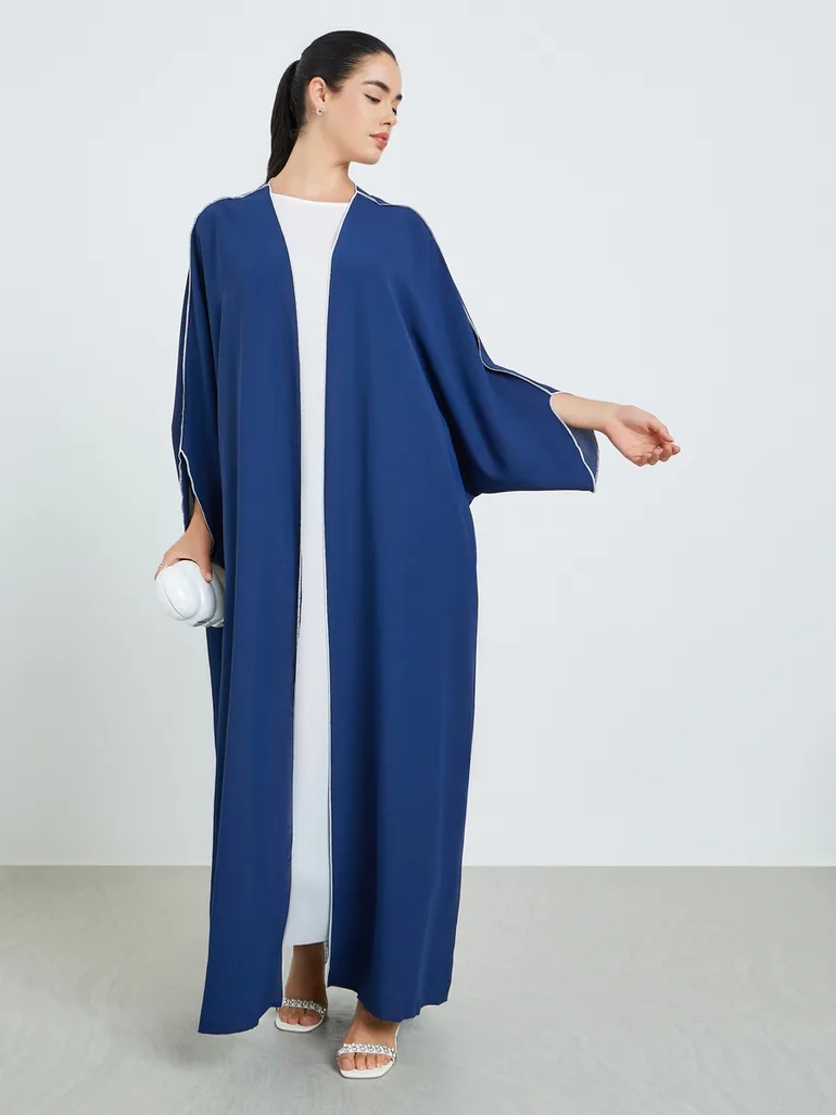 Women Navy Blue Open Front Abaya - 1