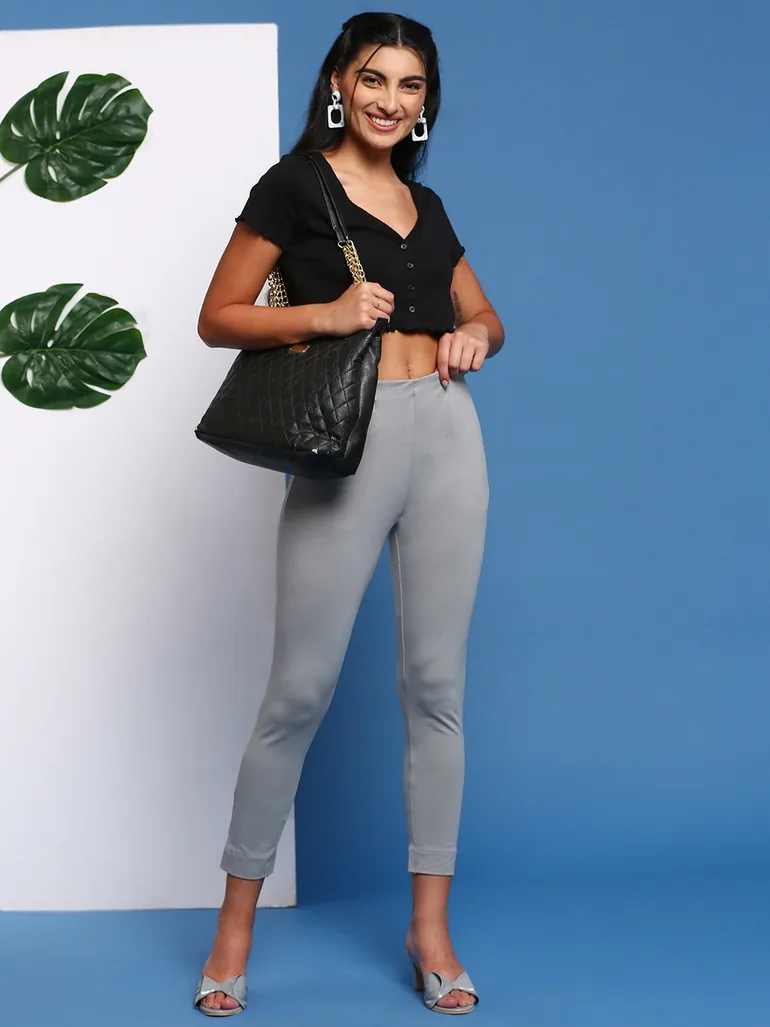 Grey Solid Knit Cotton Blend Pants