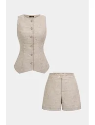 Round Neck Metalllic Button Vest And Shorts Set
