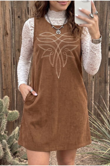 Lvness Coffee Geometric Embroidery Sleeveless Corduroy Shift Dress product thumbnail 3