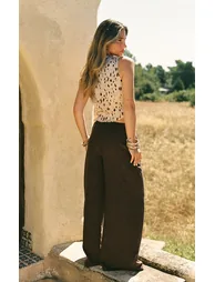 Chocolate Peachskin Wide Leg Trousers - 1
