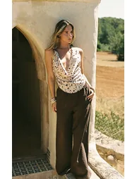 Chocolate Peachskin Wide Leg Trousers - 2
