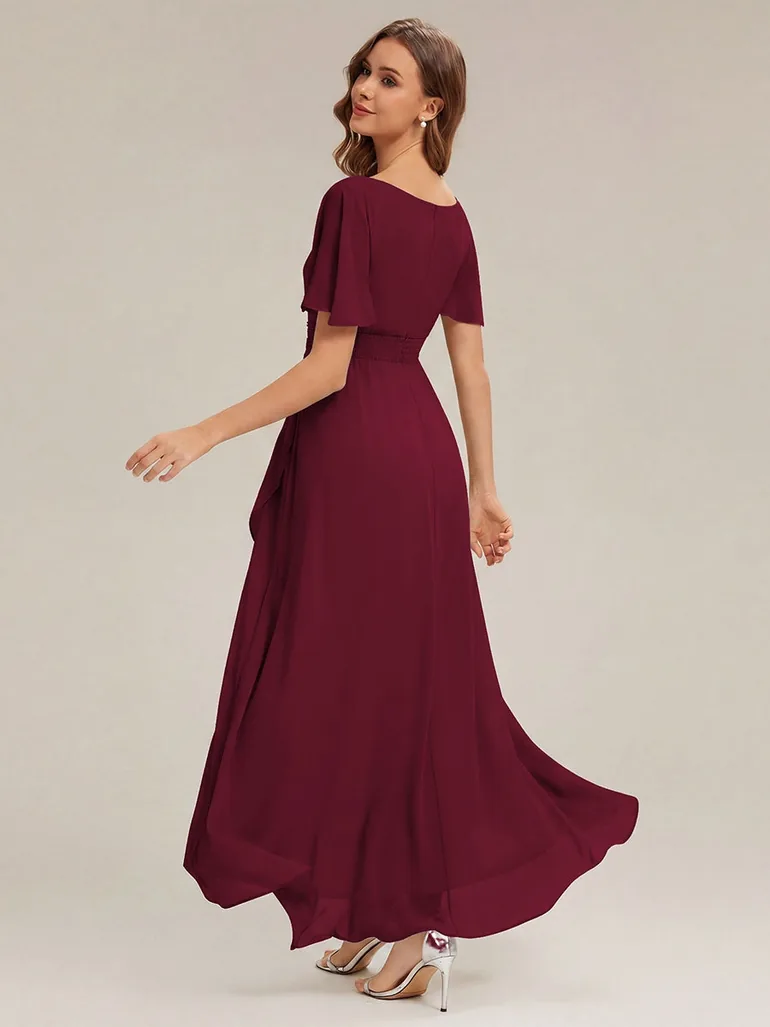 Short Sleeve Ruffle Round Neck High-Low Asymmetrical Bridesmaid Dresses - 1