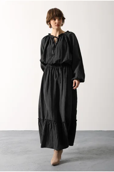 Black Regular Finike Plain Woven Under&Over Hijab Set - Top and Bottom Set