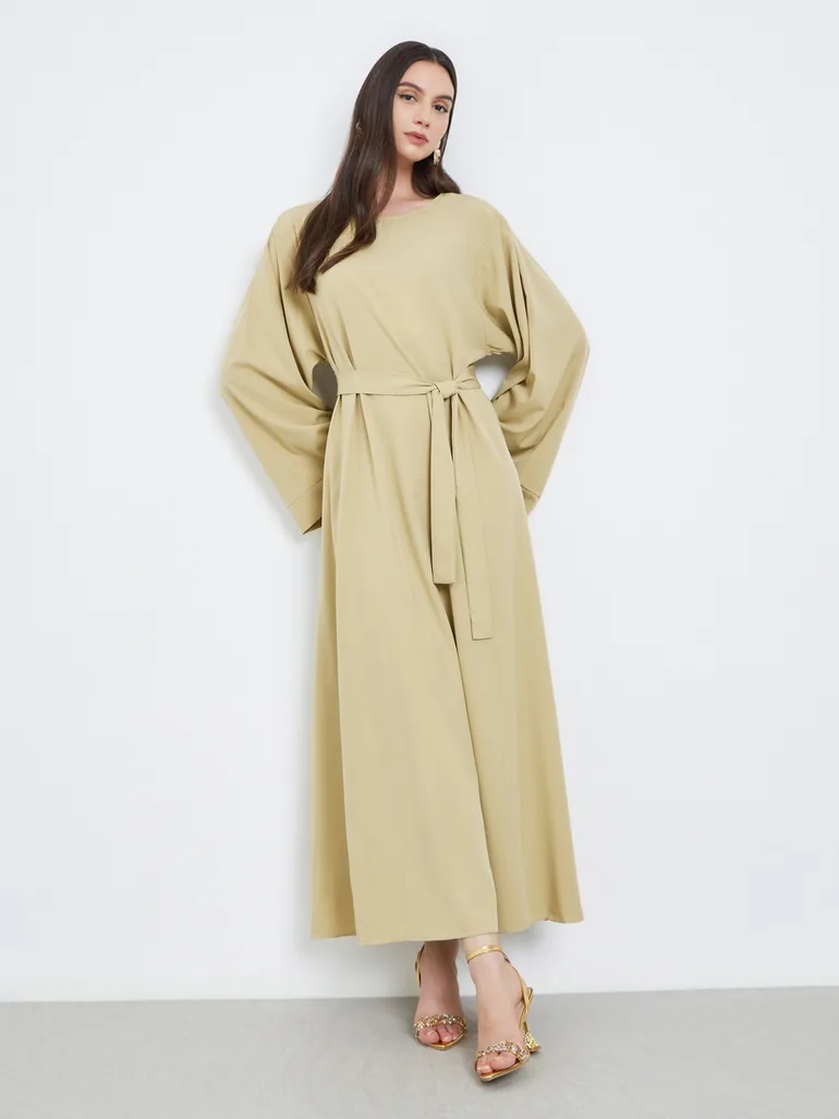 Solid Long Sleeve Belted Abaya - 1