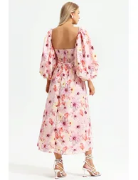 Floral Puff Sleeve Square Collar Backless Maxi Dress - 7