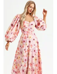 Floral Puff Sleeve Square Collar Backless Maxi Dress - 4