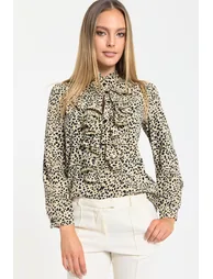 Beige Leopard Frill Front Blouse