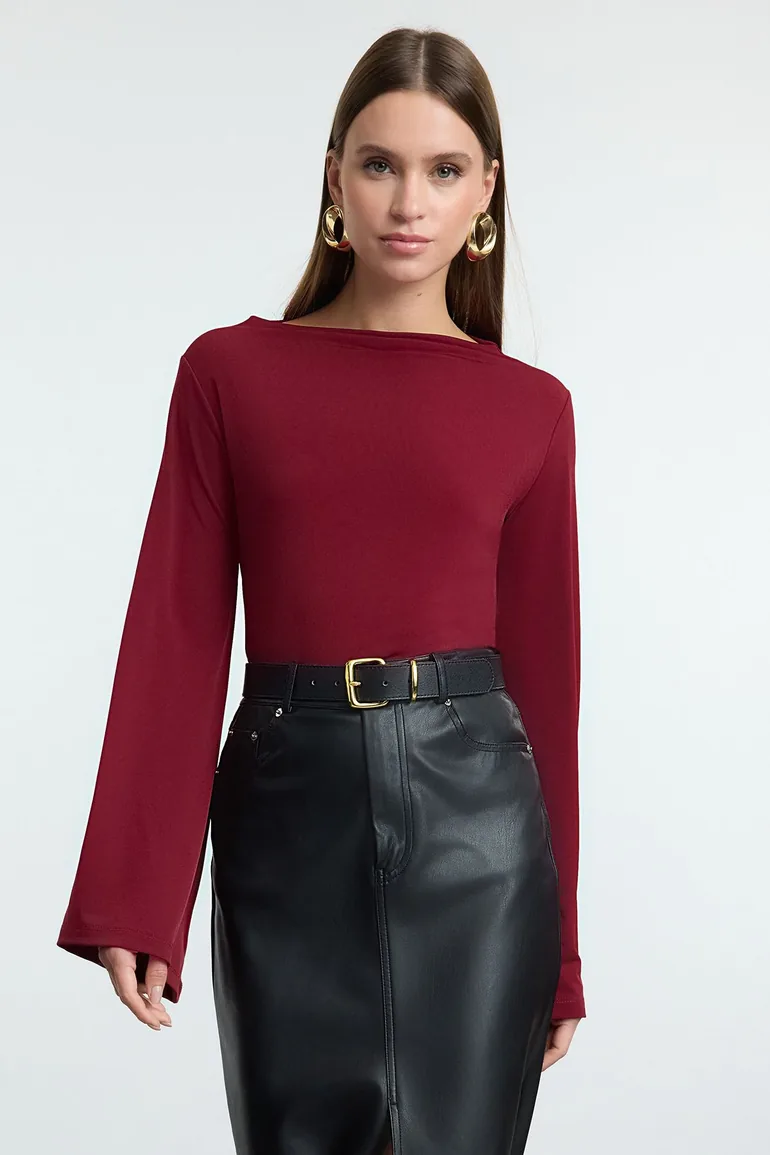 Dark Cherry Relaxed/Comfortable Pattern Spanish Sleeve Flexible Knitted Blouse - 1