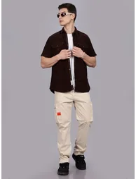 Men Brown Corduroy Short Sleeve Shirt