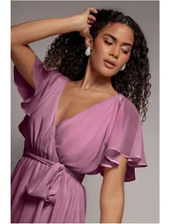 Flutter Sleeve Wrap Mini Dress With Elasticated Waist - Lavender by Goddiva - 2