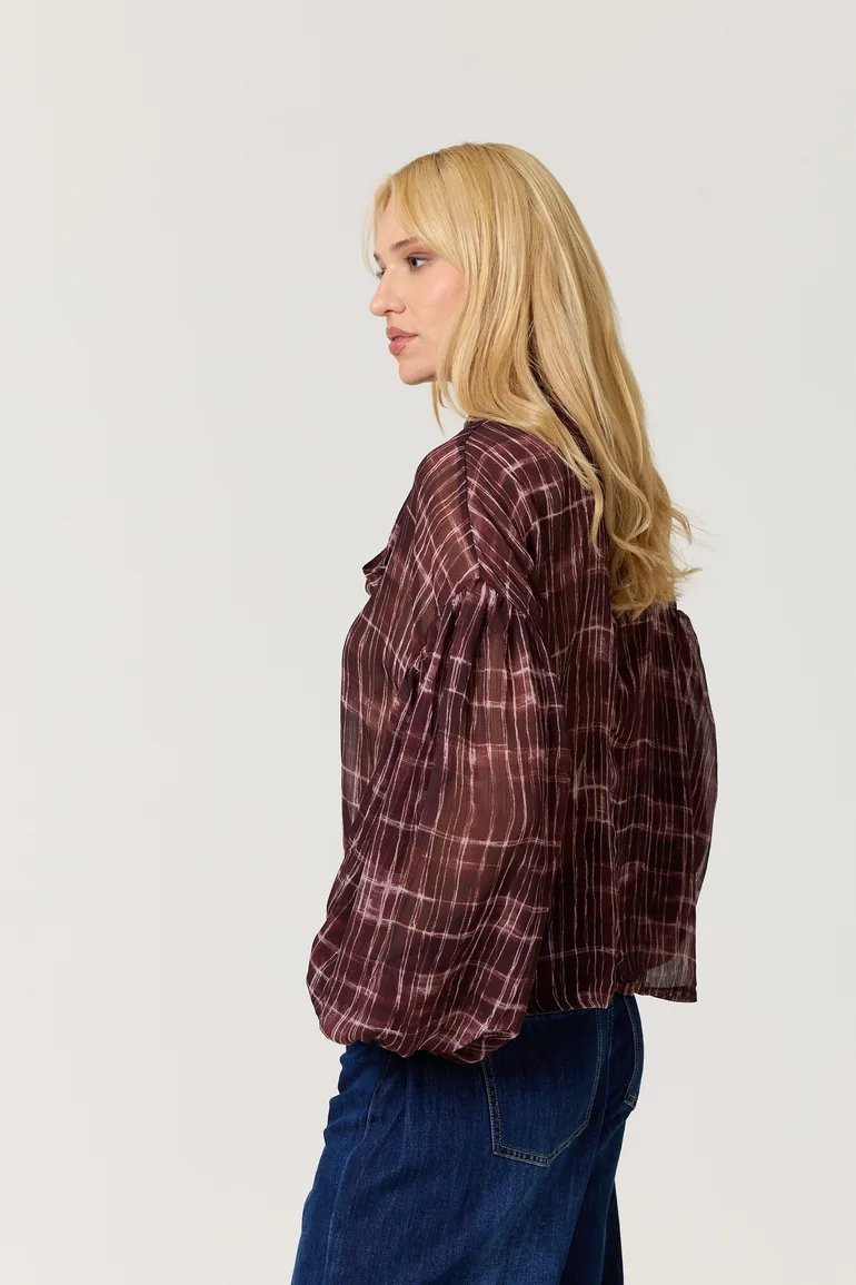 Burgundy Check Tie Neck Blouse - 3