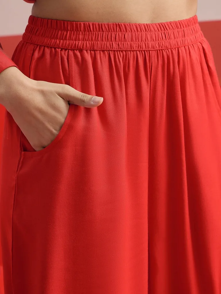 Red Embroidered Hi-Low Shirt and Balloon Pants Co-ord Set - 5
