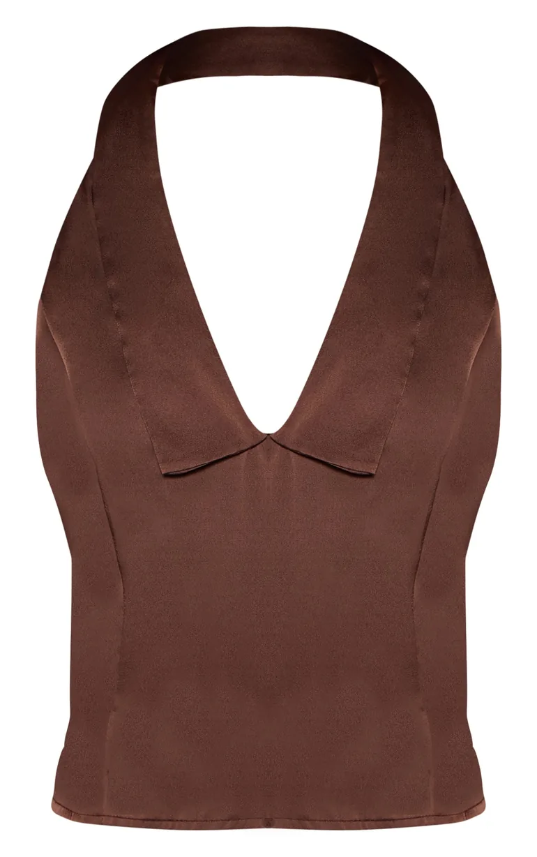 Chocolate Satin Collared Halter Neck Top - 4