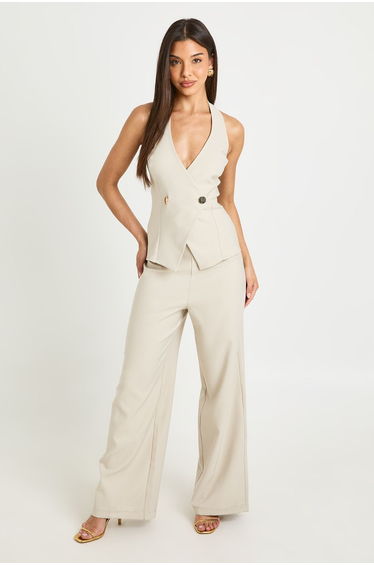 Crepe Gold Button Wrap Front Jumpsuit - stone product thumbnail 3