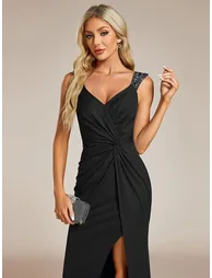 ever NOIRE|Sequin Shoulder Strap Twist High Slit Prom Dress - 2