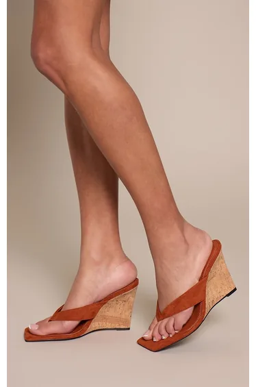 Rust Faux Suede Square Toe Thong Heeled Wedges