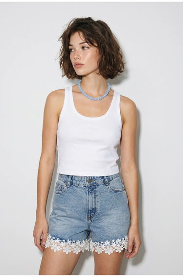 LUCCI High-Waist Cotton Denim Shorts With Lace Detail