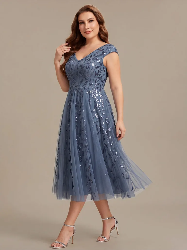 Sleeveless V-Neck Sequin A-Line Midi Wedding Guest Dress - 9