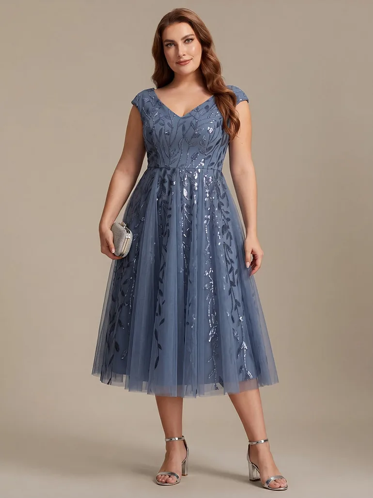 Sleeveless V-Neck Sequin A-Line Midi Wedding Guest Dress - 5