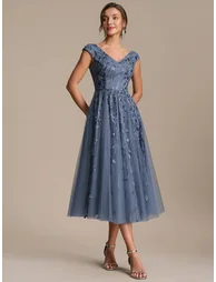 Sleeveless V-Neck Sequin A-Line Midi Wedding Guest Dress - 3