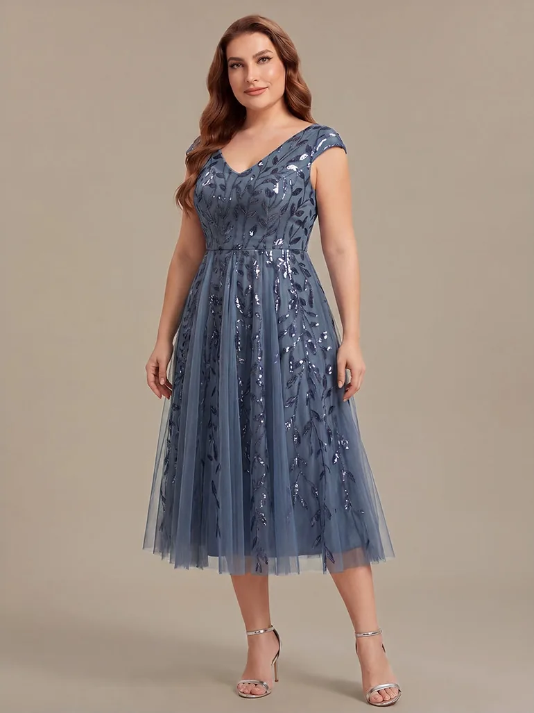 Sleeveless V-Neck Sequin A-Line Midi Wedding Guest Dress - 8