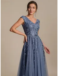 Sleeveless V-Neck Sequin A-Line Midi Wedding Guest Dress - 2