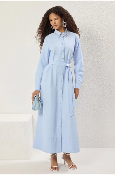 Light Blue Stone Accessory Detail Woven Shirt Dress TCTSS25EB00118
