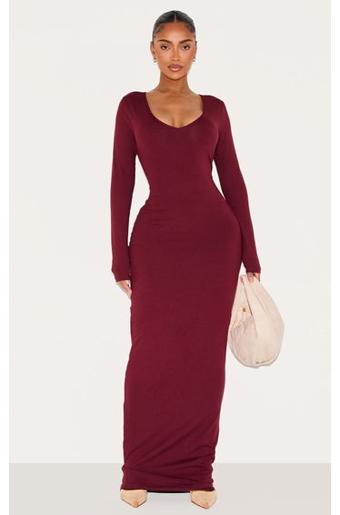 Shape Burgundy Sculpt V Neck Long Sleeve Maxi Dress product thumbnail 3