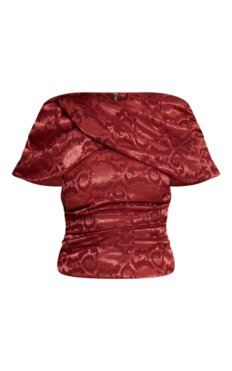 Burnt Orange Floral Satin Drape Top - 4