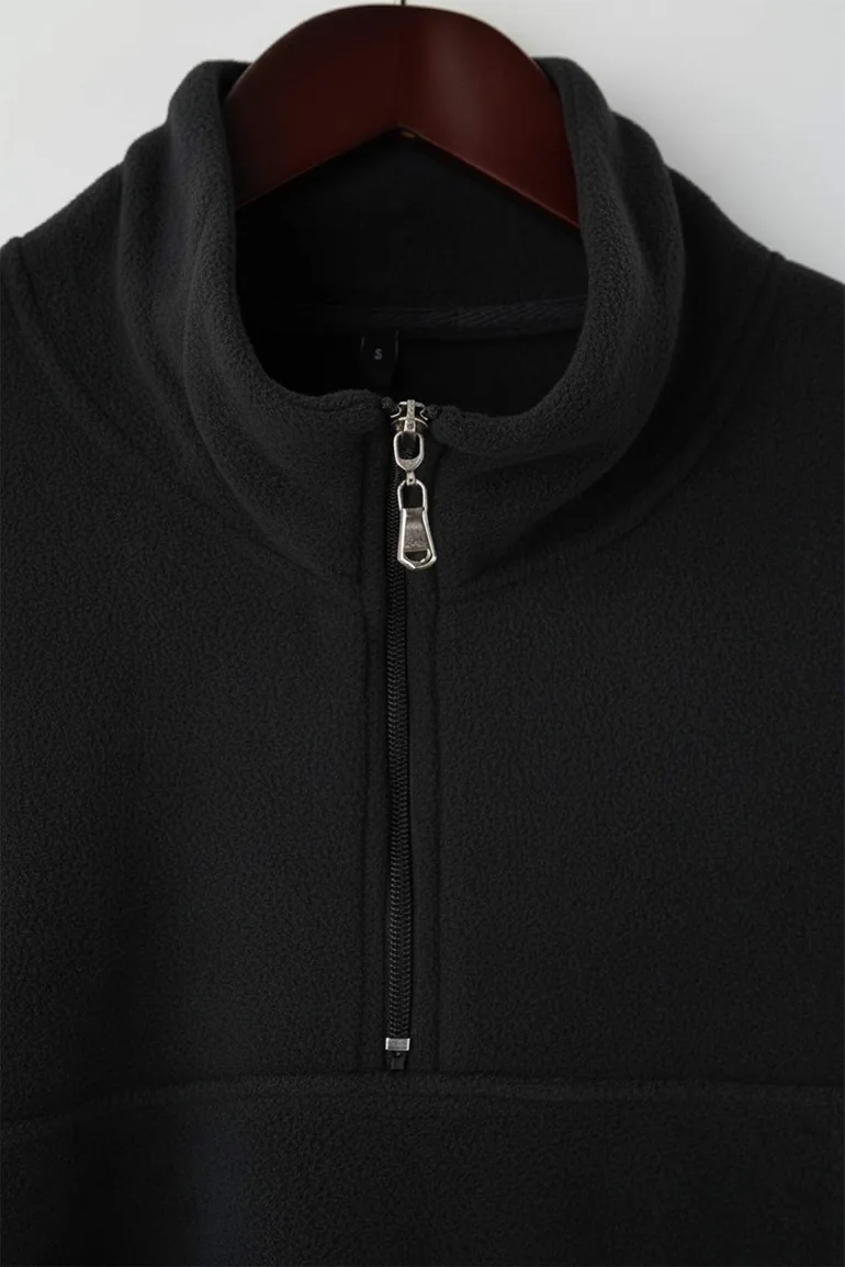 Black Regular Cut Stand Collar Zippered Stitch Detailed Polar Fleece Sweatshirt - 2