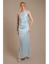 Light Blue Ruched Side Detail One Shoulder Satin Maxi Bridesmaid Dress