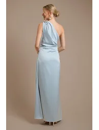 Light Blue Ruched Side Detail One Shoulder Satin Maxi Bridesmaid Dress - 2